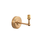 Endon Corven wall light in brushed aged brass with stepped round backplate, adjustable linear arm, and B22 lampholder, on a white background.