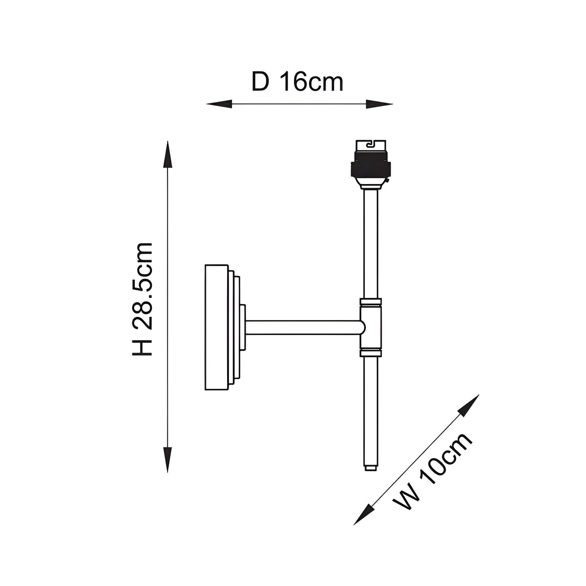 Dimension diagram of the Endon Cliffworth wall light in brushed aged brass, showing height 28.5cm, width 10cm, and depth 16cm.