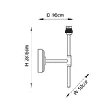 Dimension diagram of the Endon Cliffworth wall light in brushed aged brass, showing height 28.5cm, width 10cm, and depth 16cm.
