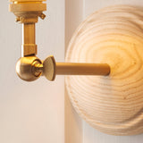 Endon Danemere wall light close-up showing brushed aged brass adjustable knuckle arm and natural ash wood circular back plate.