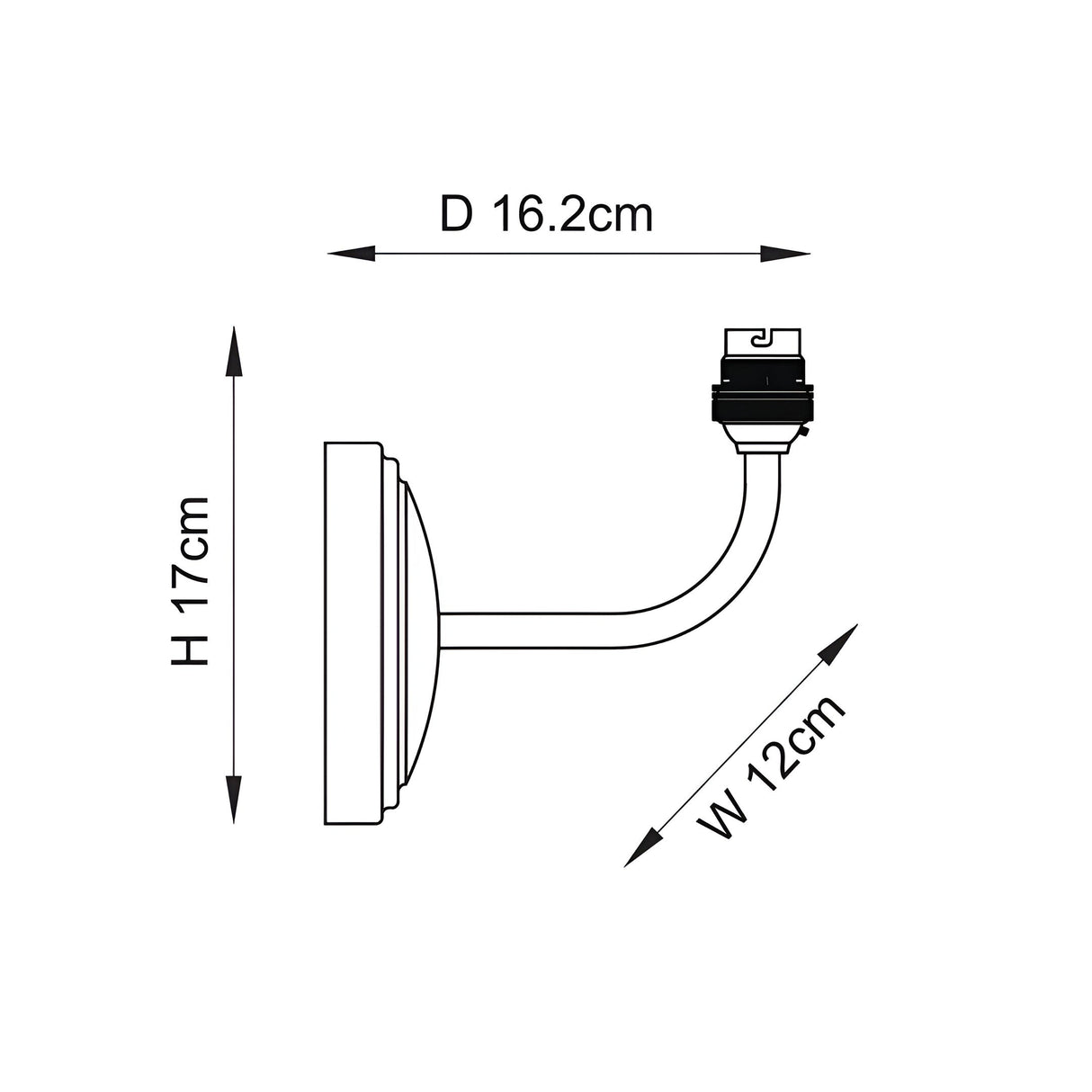 Dimension diagram of the Endon Daneleigh wall light showing 17cm height, 12cm width and 16.2cm depth with B22 lampholder on a curved arm.