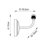 Dimension diagram of the Endon Daneleigh wall light showing 17cm height, 12cm width and 16.2cm depth with B22 lampholder on a curved arm.