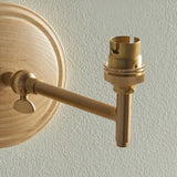 Close-up of the Endon Daneley wall light showing its brushed aged brass arm, adjustable knuckle, B22 holder, and natural ash wood back plate.
