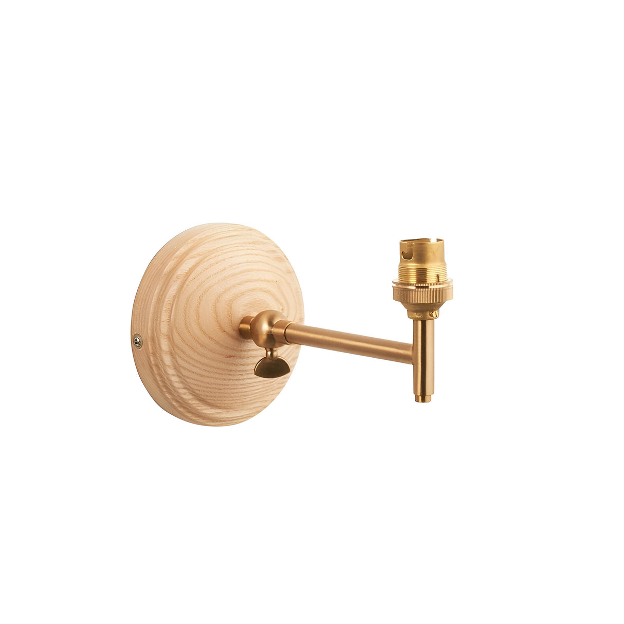Endon Daneley wall light with round natural ash wood backplate, brushed aged brass adjustable arm, and B22 lampholder, shown on a white background.