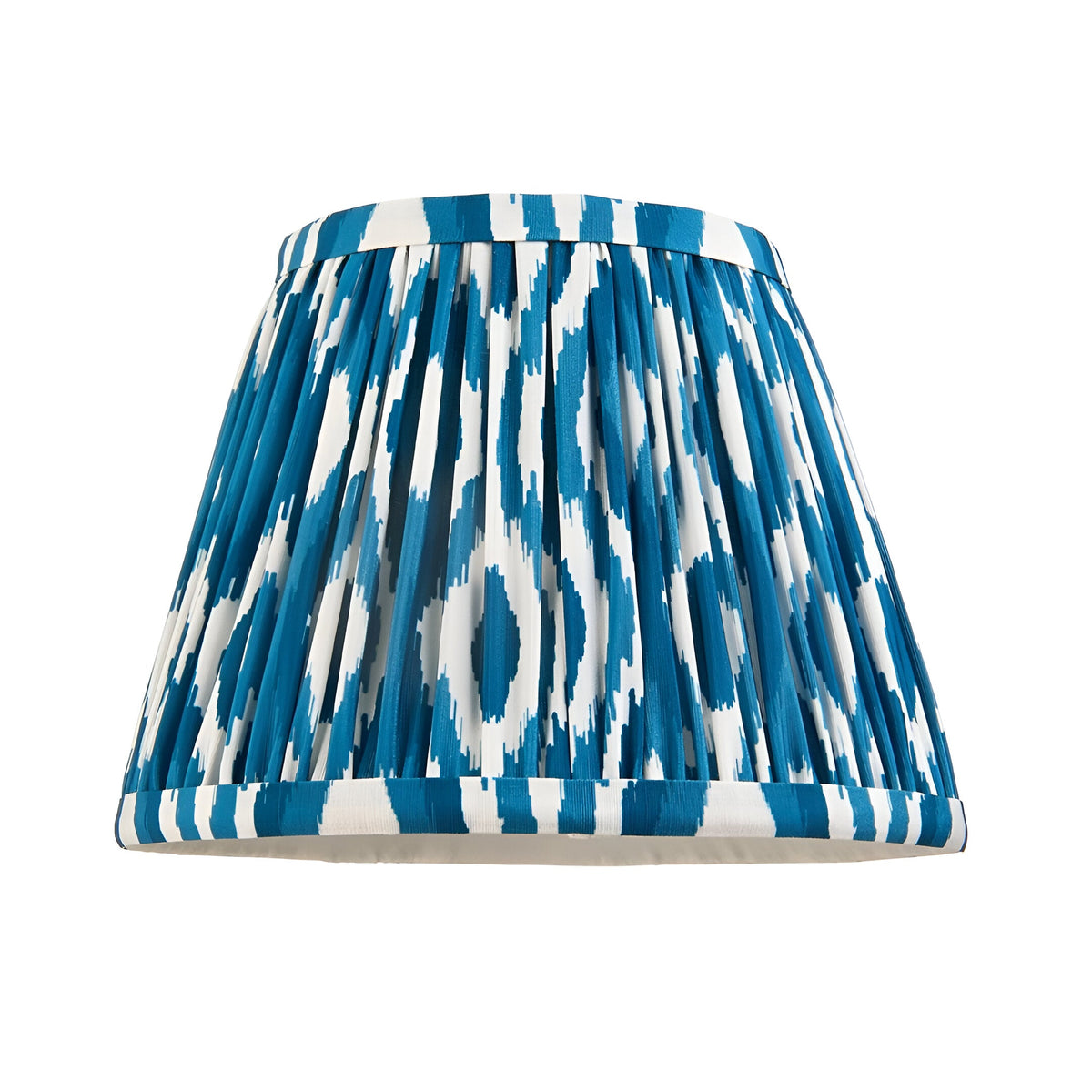 Endon Aldworth Ikat table lamp shade in gathered pleated blue and white ikat print faux silk on a plain background.