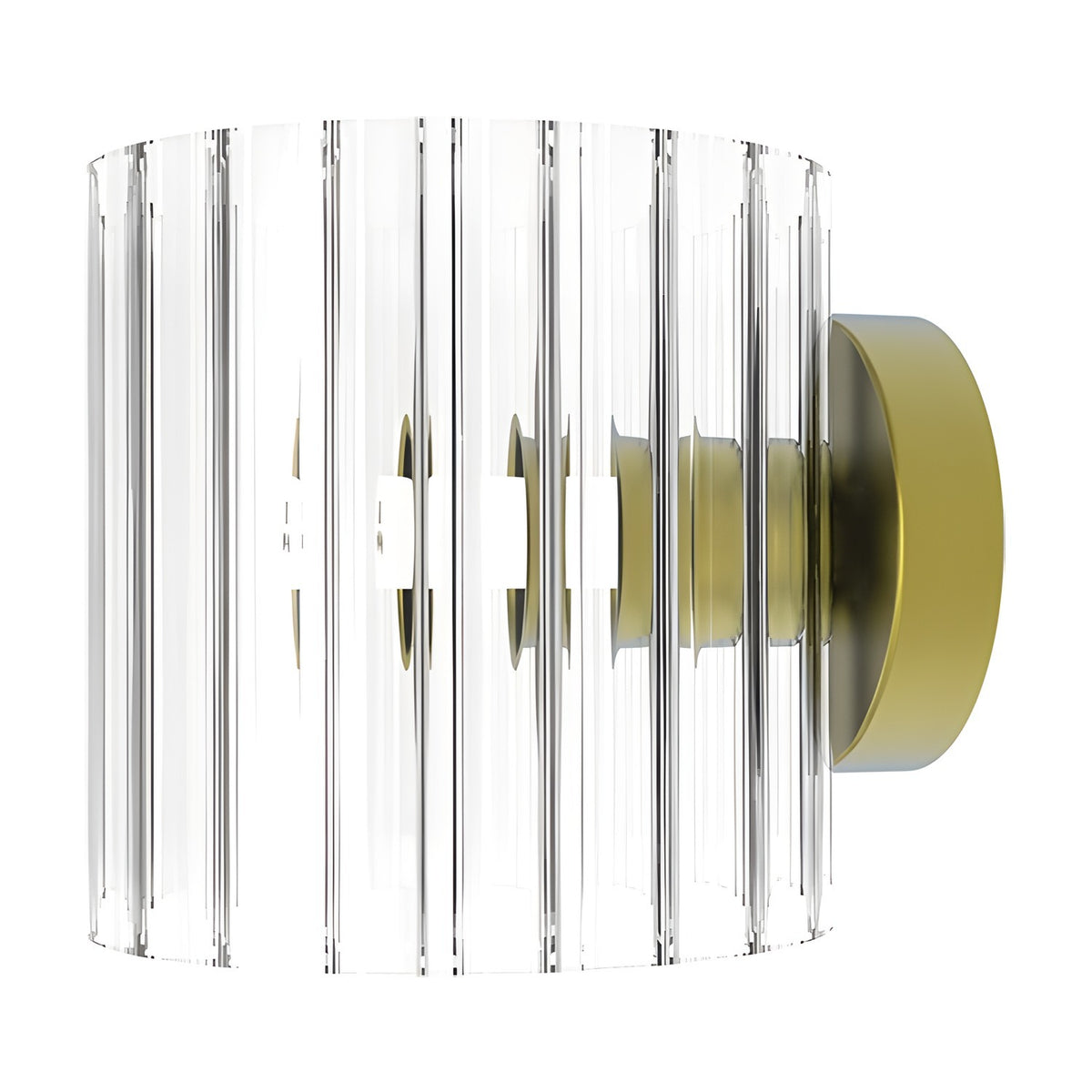 Blur Ribbed Glass Wall Light in Gold, a cylindrical fluted glass shade on a round gold backplate, shown against a plain white background.