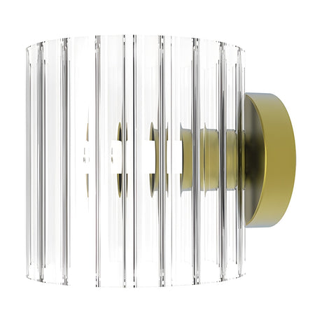Blur Ribbed Glass Wall Light in Gold, a cylindrical fluted glass shade on a round gold backplate, shown against a plain white background.