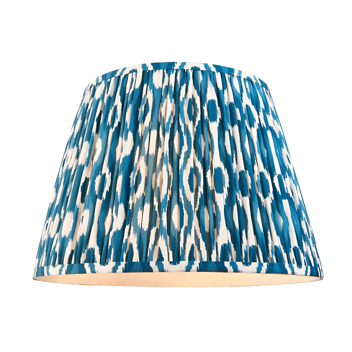 Endon Brackmont Ikat pendant shade in marlin blue faux silk with white ikat pattern, pleated tapered form, shown on a plain white background.