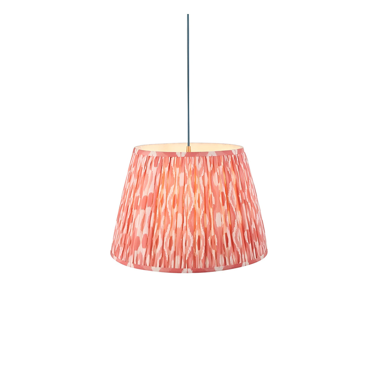 Endon Brackmont Ikat pendant light with a coral pink pleated faux silk tapered shade and blue fabric cable, shown on a plain white background.