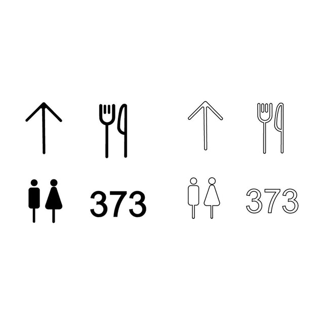 Bloom Signage Symbol for Wall & Ceiling Light in matt black iron, showing filled and outline icon pairs for arrow, cutlery, restroom figures, and number 373 on a white background.