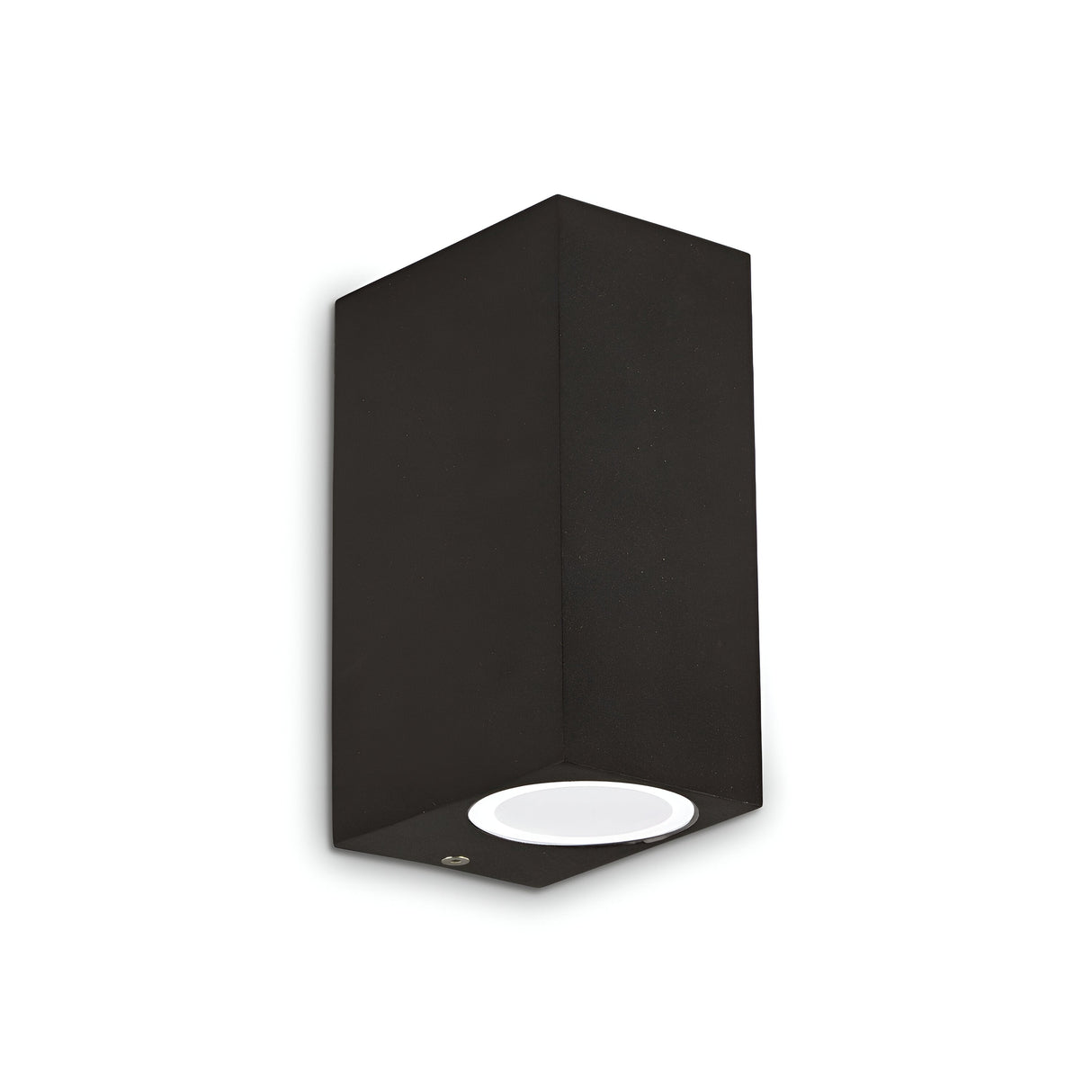 Against a white backdrop, the Aethera Outdoor 2 Light Wall Light in black features a minimalist rectangular design with light emanating from the bottom. This dimmable fixture, with its clean lines and modern aesthetics, is perfect for contemporary interior decor.
