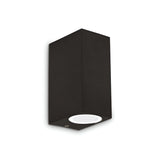Against a white backdrop, the Aethera Outdoor 2 Light Wall Light in black features a minimalist rectangular design with light emanating from the bottom. This dimmable fixture, with its clean lines and modern aesthetics, is perfect for contemporary interior decor.