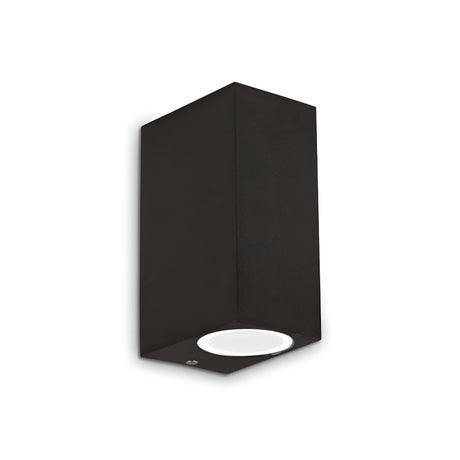 Against a white backdrop, the Aethera Outdoor 2 Light Wall Light in black features a minimalist rectangular design with light emanating from the bottom. This dimmable fixture, with its clean lines and modern aesthetics, is perfect for contemporary interior decor.