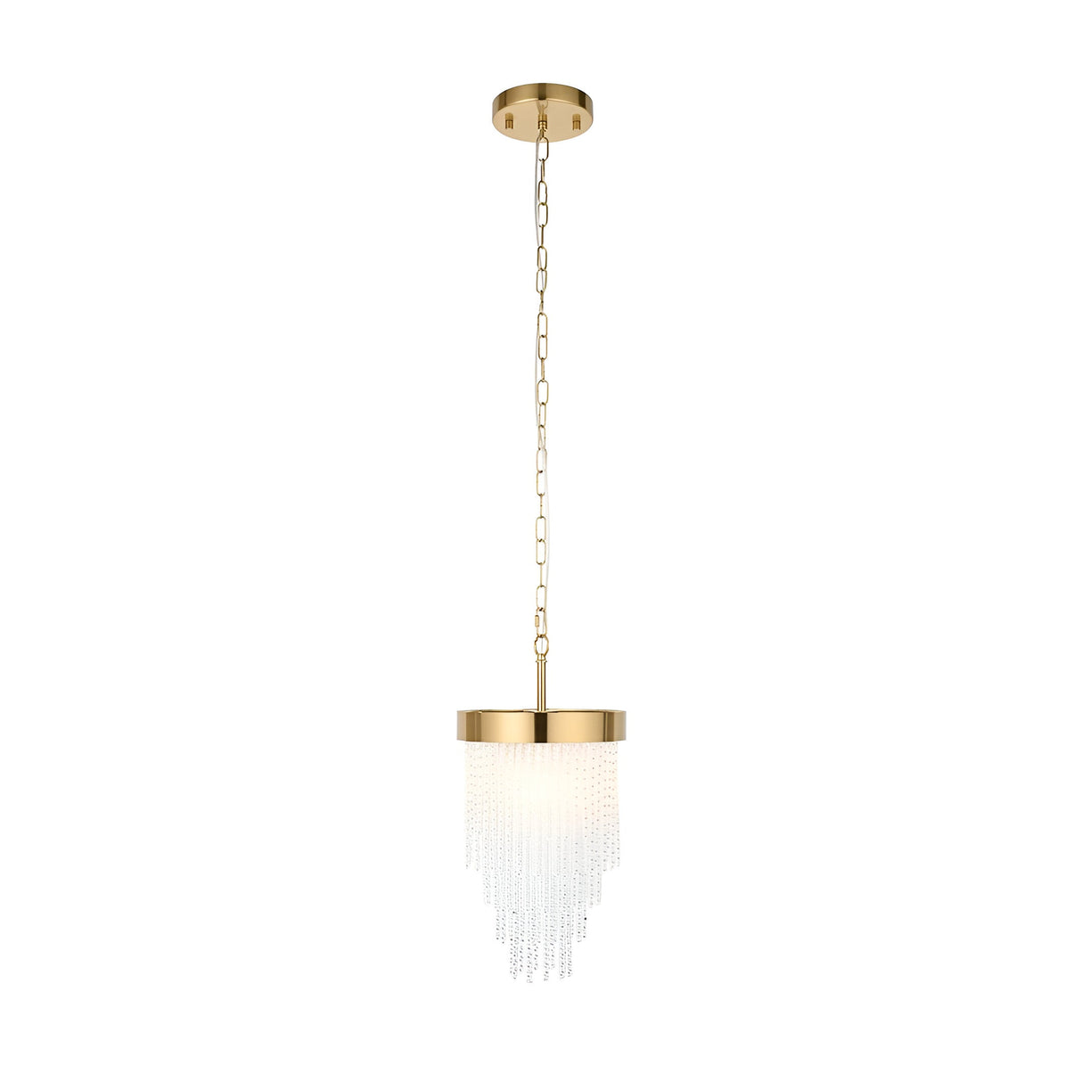 Aldfield Pendant in brass, a single-light fitting with a round ceiling rose, chain suspension, and a cylindrical frame trailing tiered glass rods.