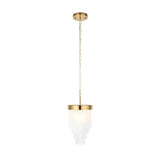 Aldfield Pendant in brass, a single-light fitting with a round ceiling rose, chain suspension, and a cylindrical frame trailing tiered glass rods.