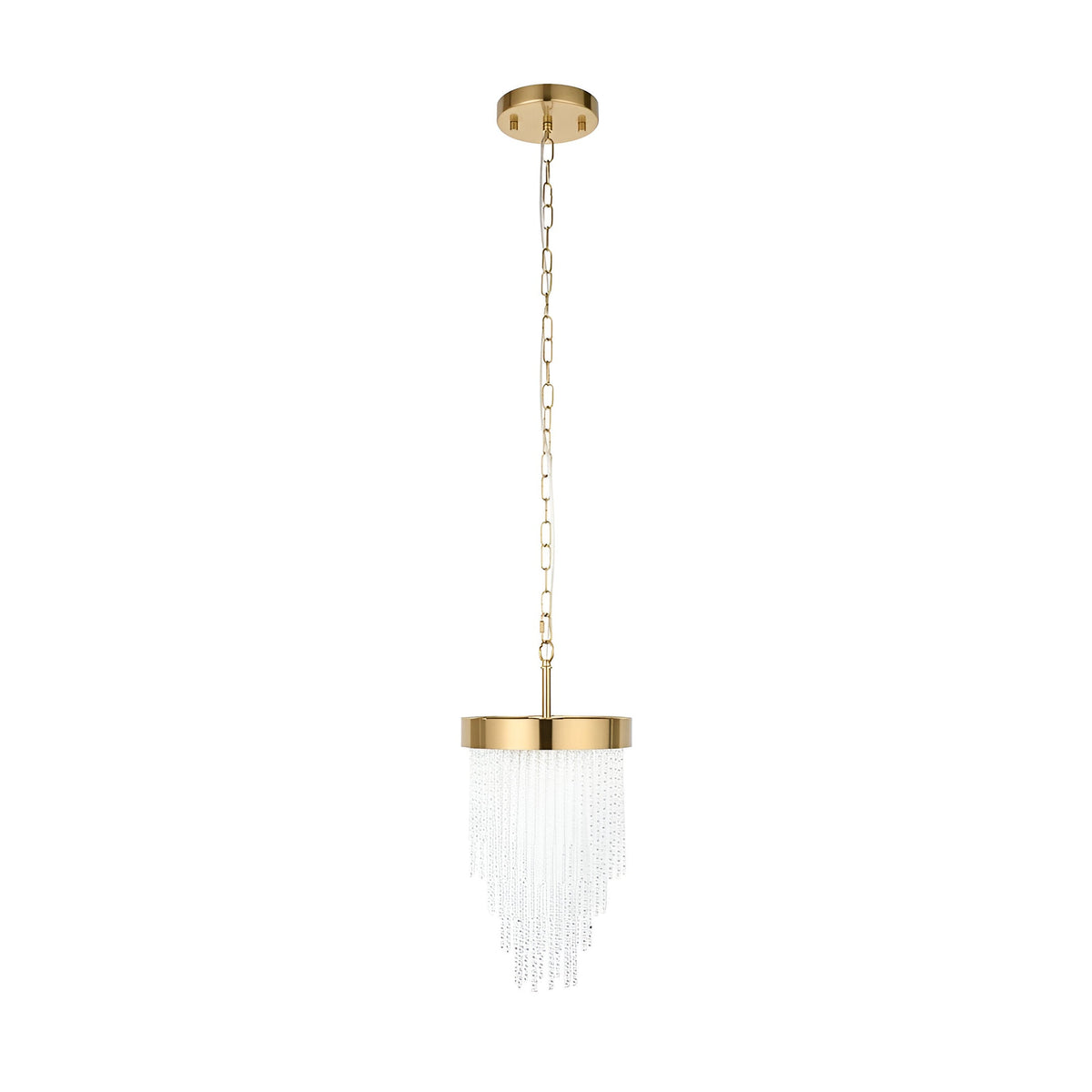 Aldfield Pendant in brushed aged brass with tiered clear glass rods and chain suspension, shown on a plain white background.
