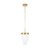 Aldfield Pendant in brushed aged brass with tiered clear glass rods and chain suspension, shown on a plain white background.