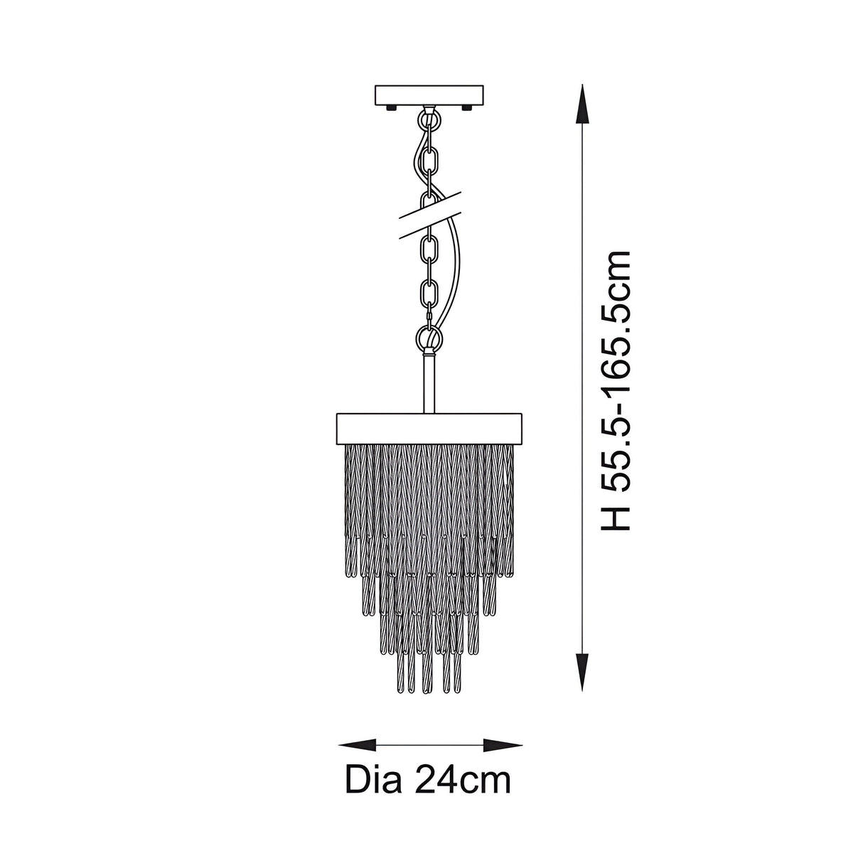 Technical line drawing of the brass Aldfield Pendant, a single-light fixture with chain suspension and tiered glass rod shade, 55.5-165.5cm high, 24cm diameter.