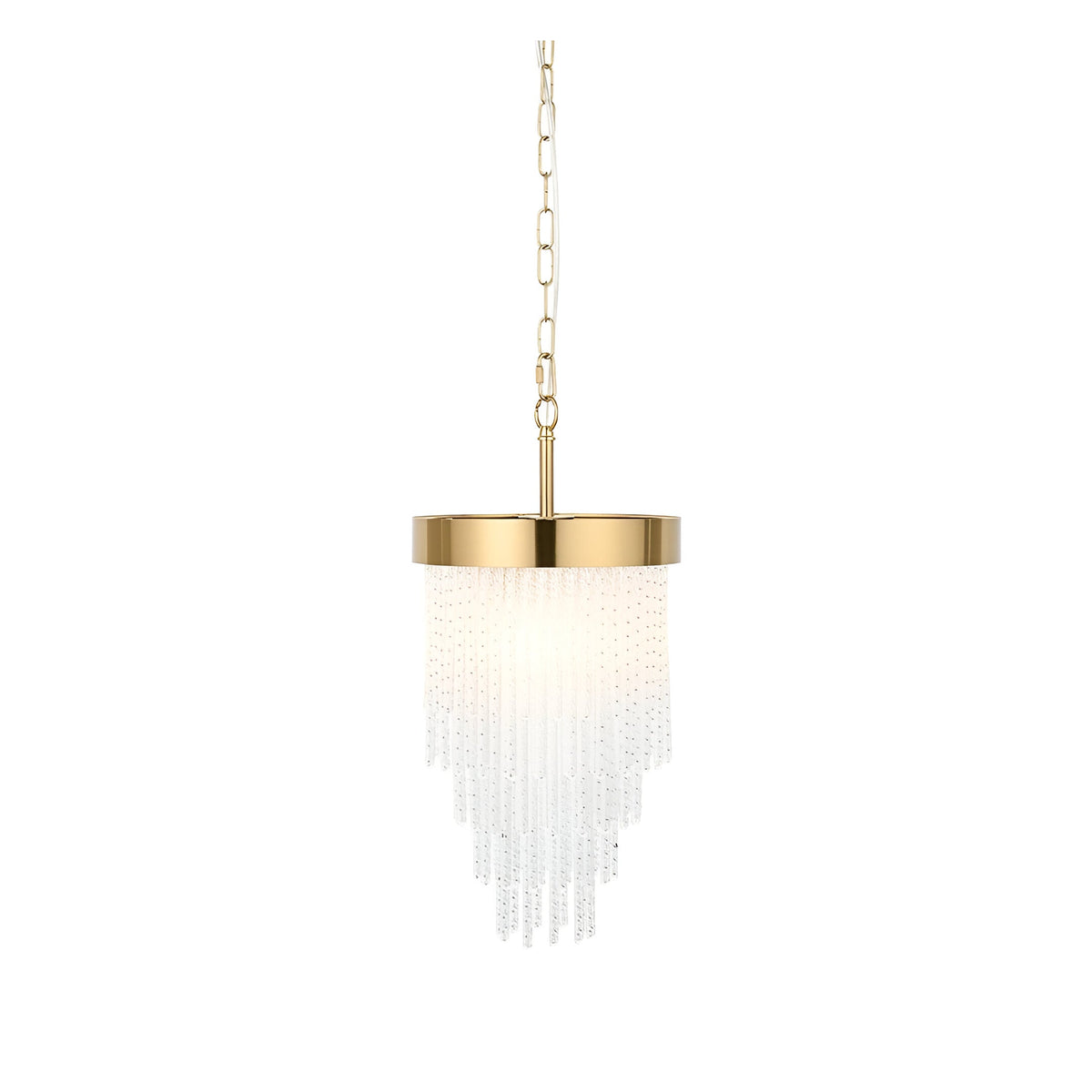 Aldfield Pendant in brass with a tiered cluster of twisted clear glass rods beneath a brushed brass frame and chain suspension, on a white background.