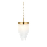 Aldfield Pendant in brass with a tiered cluster of twisted clear glass rods beneath a brushed brass frame and chain suspension, on a white background.