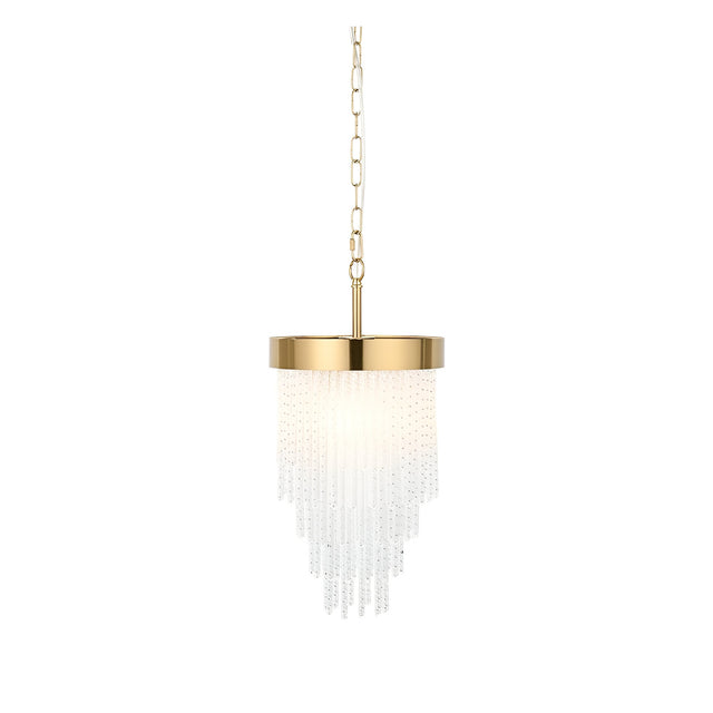 Aldfield Pendant in brass with a tiered cluster of twisted clear glass rods beneath a brushed brass frame and chain suspension, on a white background.