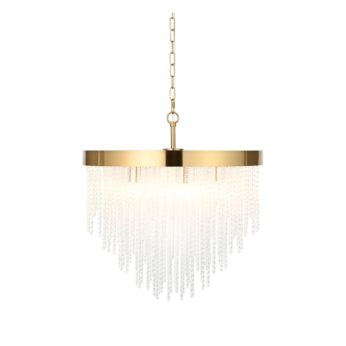 Endon Aldfield 5 light pendant with tiered clear glass rods and brushed aged brass frame on a chain suspension, shown on a plain white background.