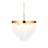 Endon Aldfield 5 light pendant with tiered clear glass rods and brushed aged brass frame on a chain suspension, shown on a plain white background.