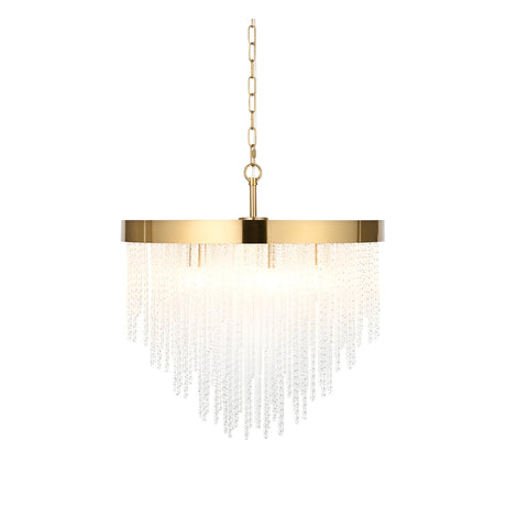 Endon Aldfield 5 light pendant with tiered clear glass rods and brushed aged brass frame on a chain suspension, shown on a plain white background.