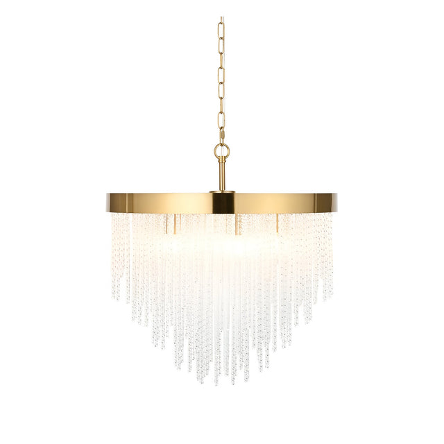 Endon Aldfield 5 light pendant with tiered clear glass rods and brushed aged brass frame on a chain suspension, shown on a plain white background.
