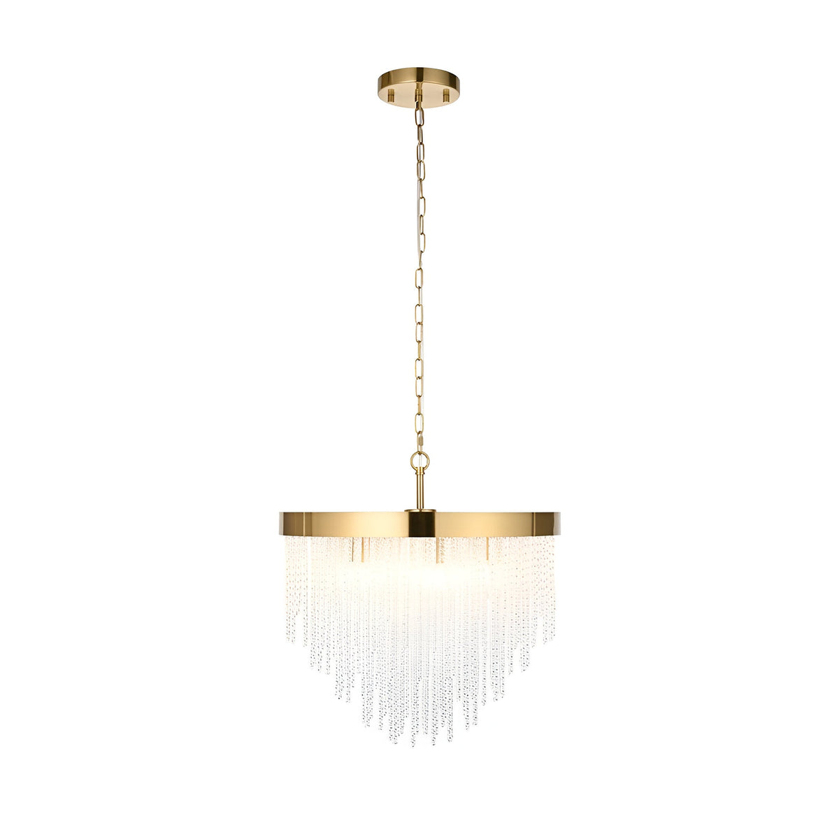 Endon Aldfield 5 light pendant with tiered clear glass rods on a brushed brass frame and chain suspension, shown on a white background.