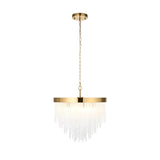 Endon Aldfield 5 light pendant with tiered clear glass rods on a brushed brass frame and chain suspension, shown on a white background.