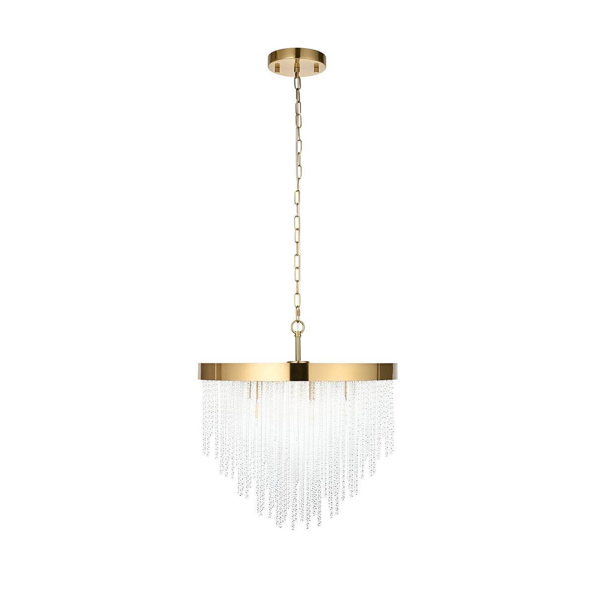 Endon Aldfield 5 light pendant with tiered clear glass rods and brushed aged brass frame, suspended from a chain on a plain white background.