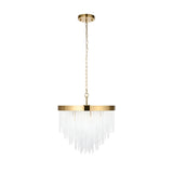 Endon Aldfield 5 light pendant with tiered clear glass rods and brushed aged brass frame, suspended from a chain on a plain white background.