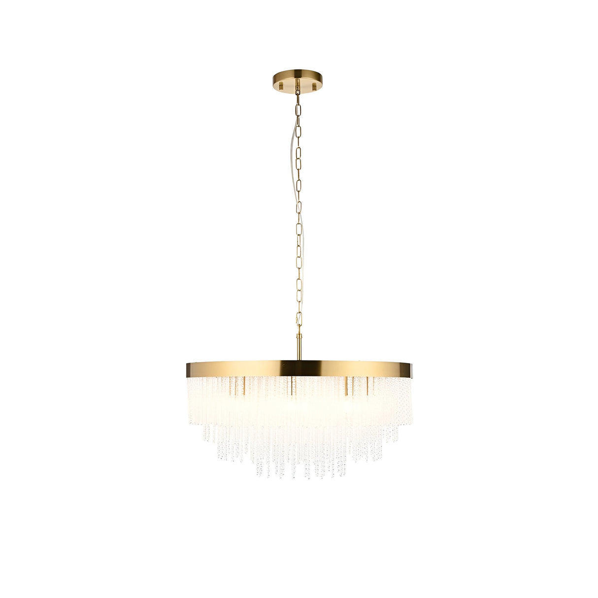 Aldfield 9 Light Pendant in brushed brass, round drum frame with tiered clear glass rod strands, on a chain suspension against a white background.