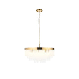 Aldfield 9 Light Pendant in brushed brass, round drum frame with tiered clear glass rod strands, on a chain suspension against a white background.