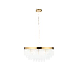 Aldfield 9 Light Pendant in brushed brass, a round frame with tiered twisted glass rods cascading down, hung from a brass ceiling chain on a white background.