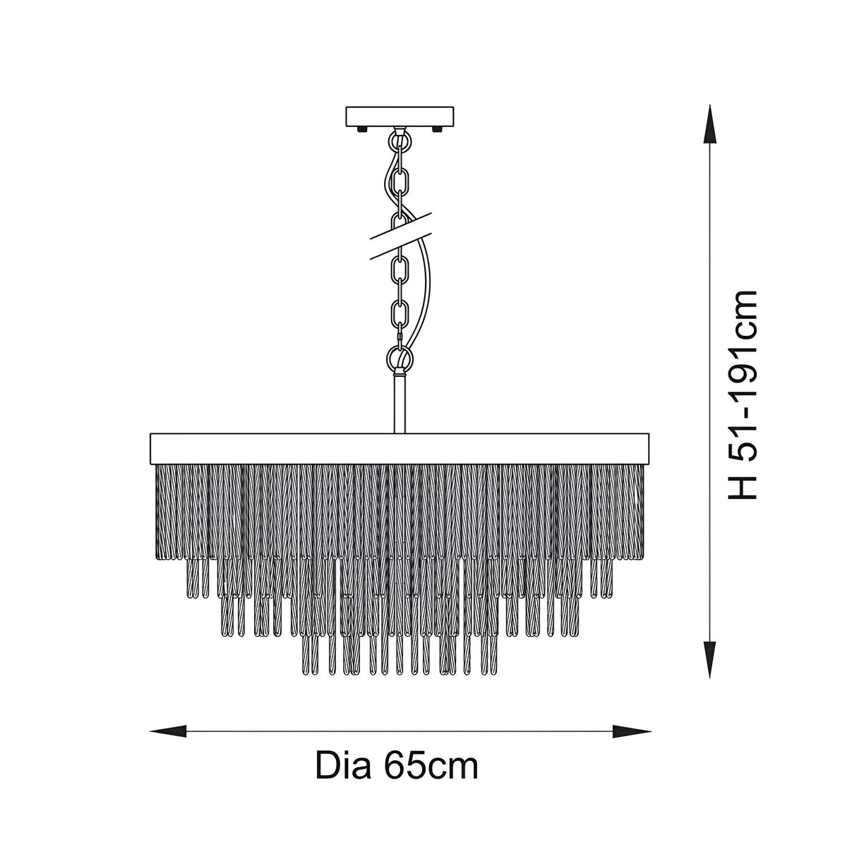 Line drawing of the Aldfield 9 Light Pendant in brass showing tiered glass rod cascade with adjustable chain drop, dimensions H51-191cm, Dia 65cm.