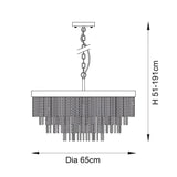 Line drawing of the Aldfield 9 Light Pendant in brass showing tiered glass rod cascade with adjustable chain drop, dimensions H51-191cm, Dia 65cm.