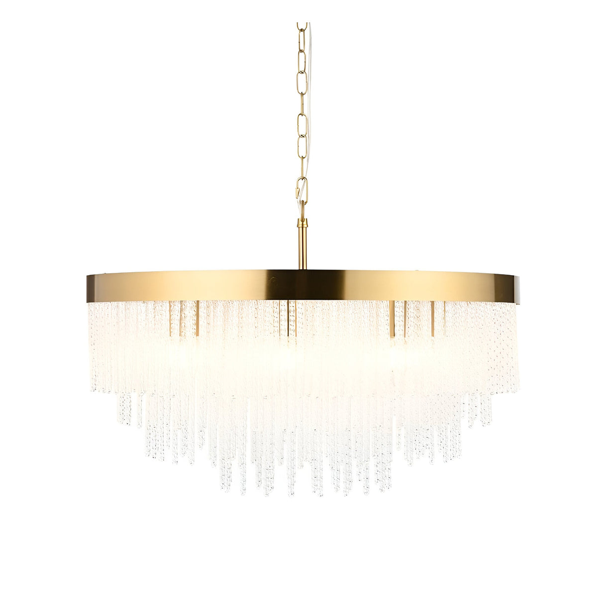Aldfield 9 Light Pendant in brass with a round frame and tiered cascade of clear twisted glass rods, hung from a chain, on a plain white background.