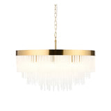 Aldfield 9 Light Pendant in brass with a round frame and tiered cascade of clear twisted glass rods, hung from a chain, on a plain white background.