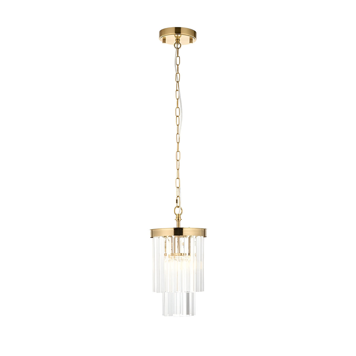 Endon Bevstead small single pendant with tiered clear lozenge glass drops on a brushed aged brass frame and chain, shown on a white background.