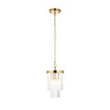Endon Bevstead small single pendant with tiered clear lozenge glass drops on a brushed aged brass frame and chain, shown on a white background.