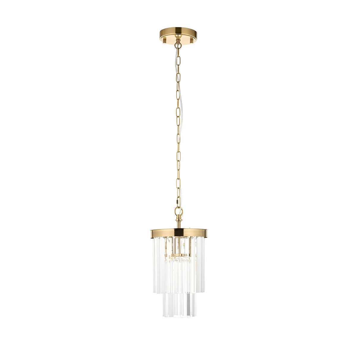 Endon Bevstead small single pendant light with tiered clear lozenge glass drops on a brushed aged brass frame and chain, shown on a white background.