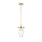 Endon Bevstead small single pendant light with tiered clear lozenge glass drops on a brushed aged brass frame and chain, shown on a white background.