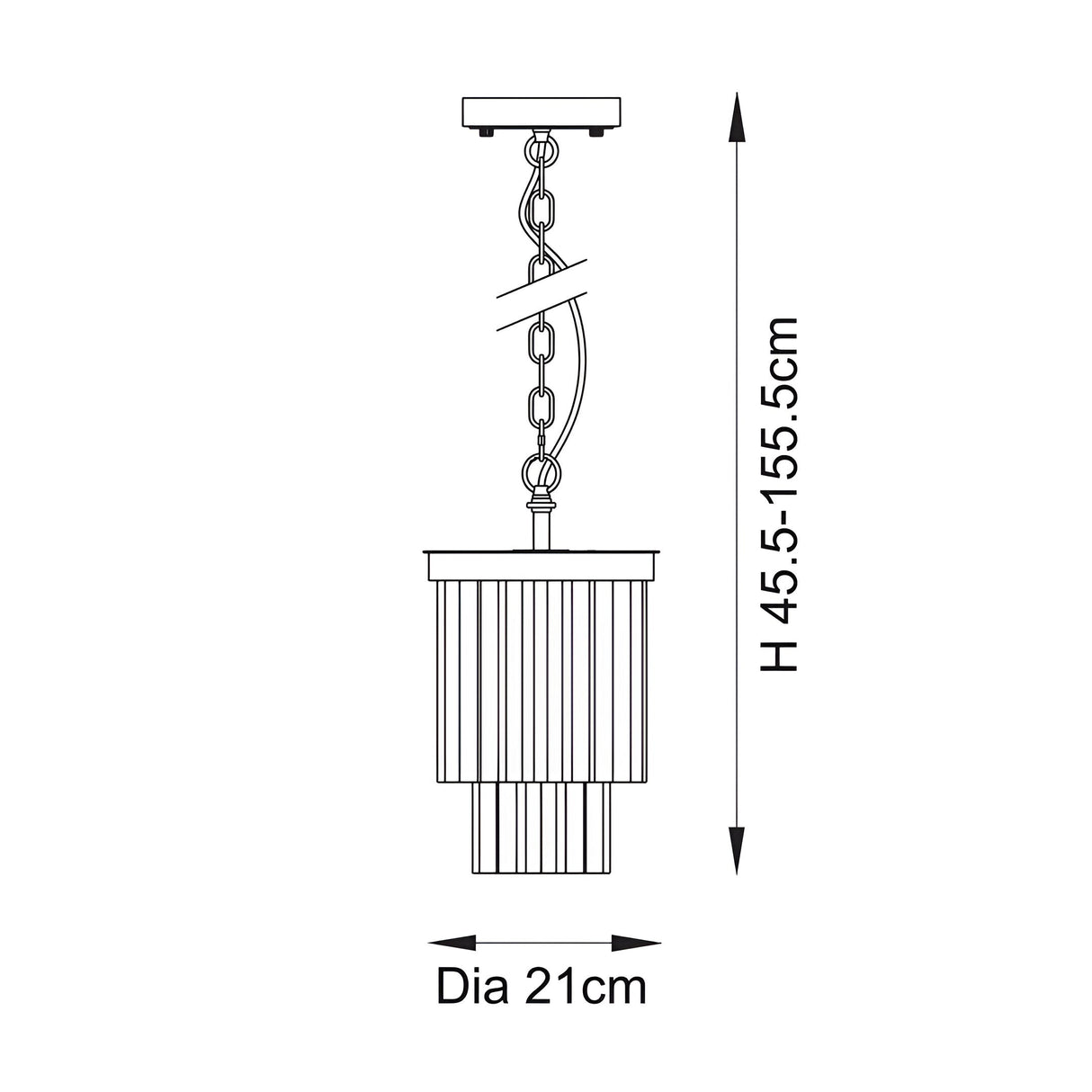 Dimension diagram of Endon Bevstead brass pendant light showing 21cm diameter and adjustable 45.5–155.5cm height on a plain background.
