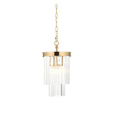 Endon Bevstead small single pendant light with tiered clear lozenge glass drops on a brushed aged brass frame and chain, on a white background.