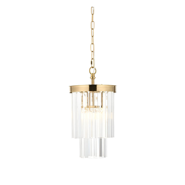 Endon Bevstead small single pendant light with tiered clear lozenge glass drops on a brushed aged brass frame and chain, on a white background.