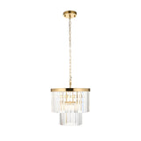 Bevstead 4 Light Pendant in brass, with two tiers of clear glass rods around a round frame, suspended from a chain and ceiling rose on a white background.