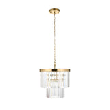 Bevstead 4 Light Pendant in brass with two tiers of cut glass lozenge drops, suspended from a chain and ceiling rose on a plain white background.