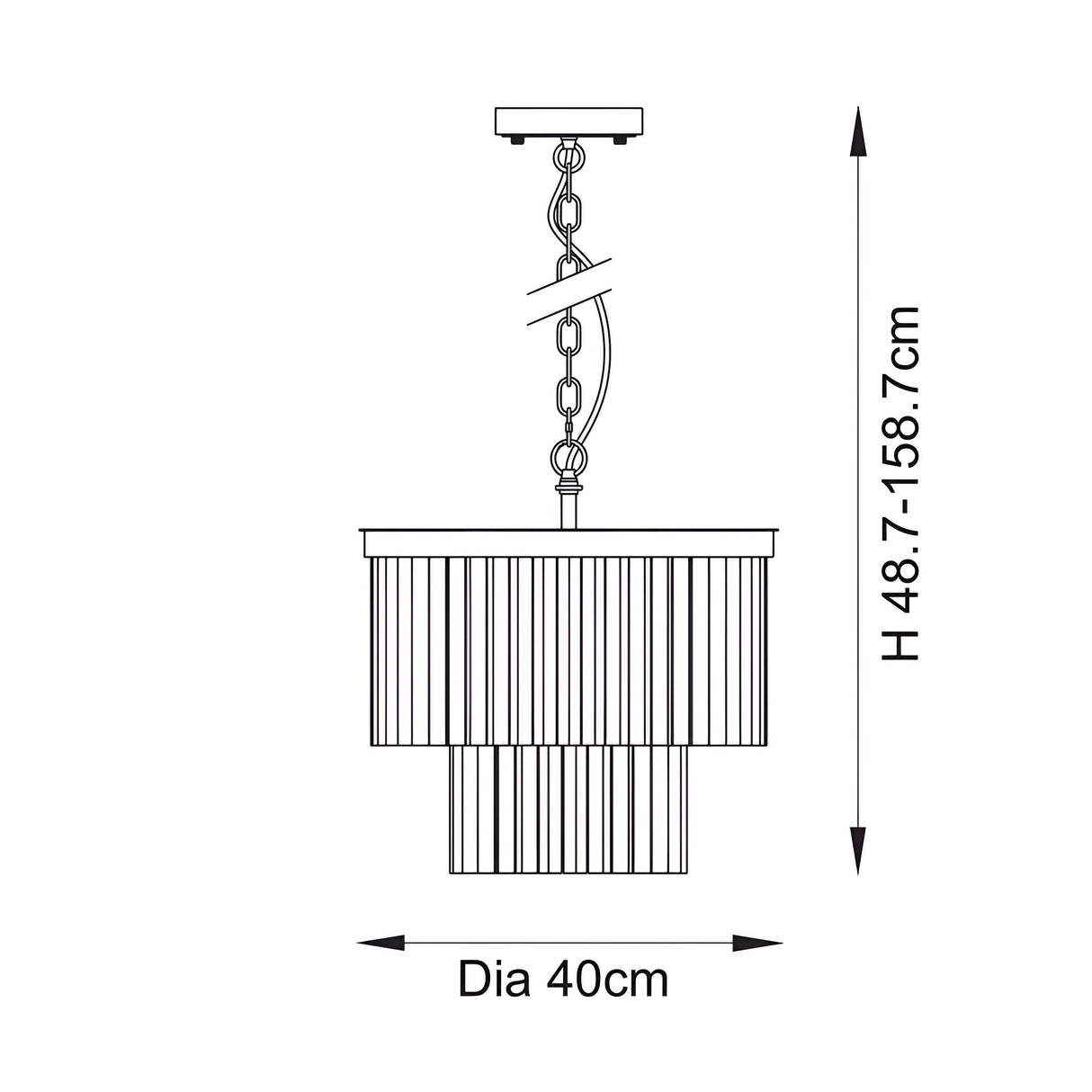 Line drawing of the Bevstead 4-light pendant with two-tier glass drop cascade, brass frame, adjustable chain, 40cm diameter, 48.7-158.7cm height.